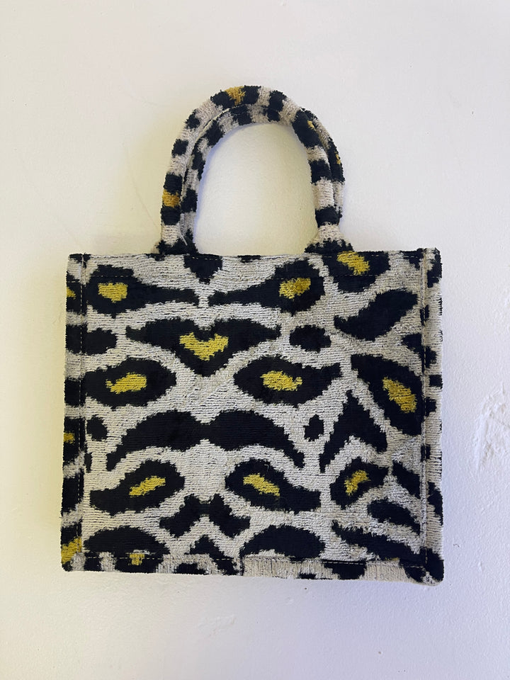 Medium 100% silk velvet Ikat tote bag-leopard design