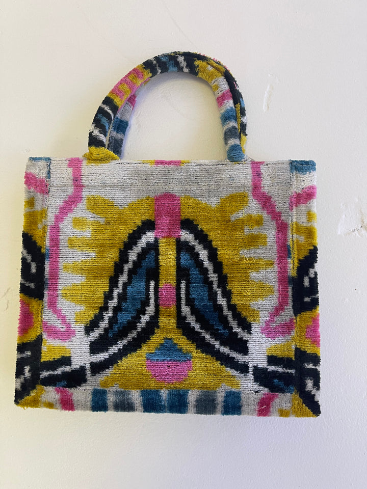 Medium 100% silk velvet Ikat tote bag-graphic pink, gold, white and black