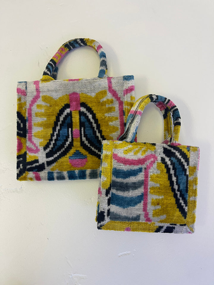 Small 100% silk velvet Ikat tote bag-pink, gold, black and white