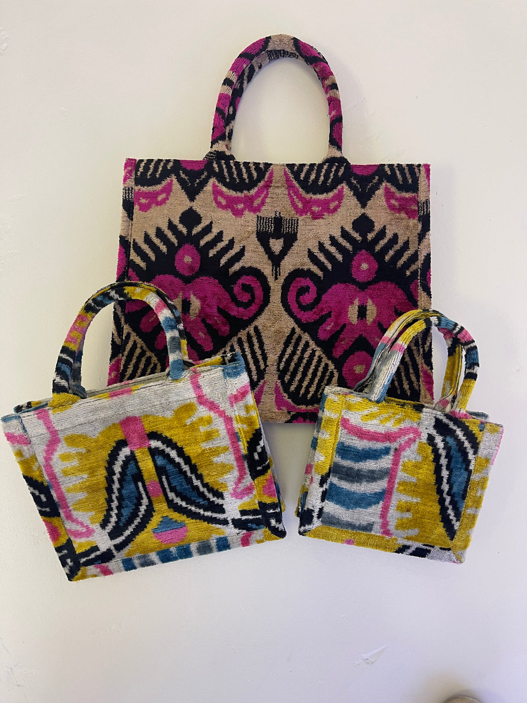 Small 100% silk velvet Ikat tote bag-pink, gold, black and white