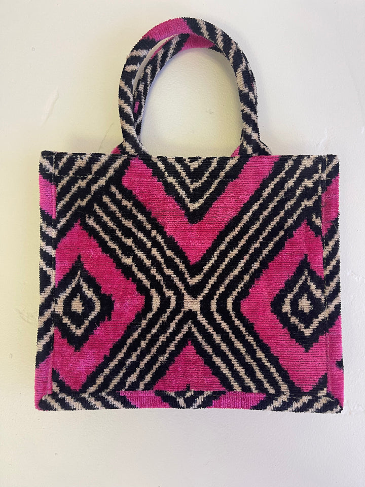 Medium 100% silk velvet Ikat tote-hot pink and black geometric pattern