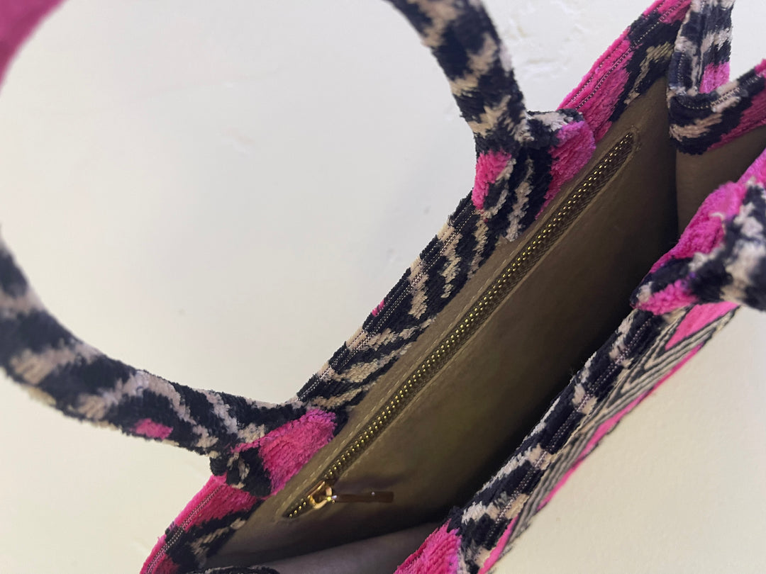 Medium 100% silk velvet Ikat tote-hot pink and black geometric pattern