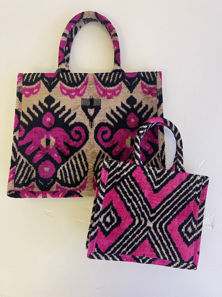 Medium 100% silk velvet Ikat tote-hot pink and black geometric pattern