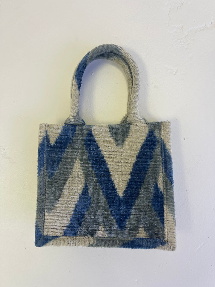 Small 100% silk velvet Ikat bag-blue and white graphic pattern