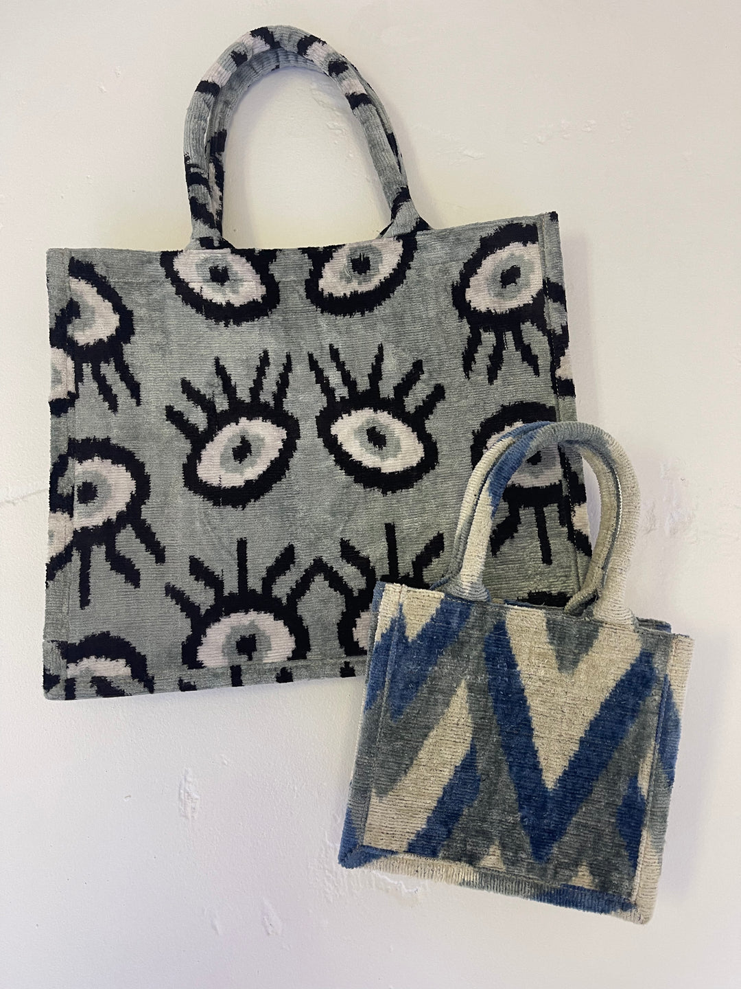 Small 100% silk velvet Ikat bag-blue and white graphic pattern