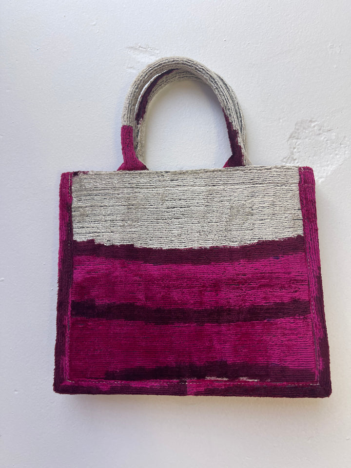 Medium 100% silk velvet Ikat tote bag-graphic fuschia and white