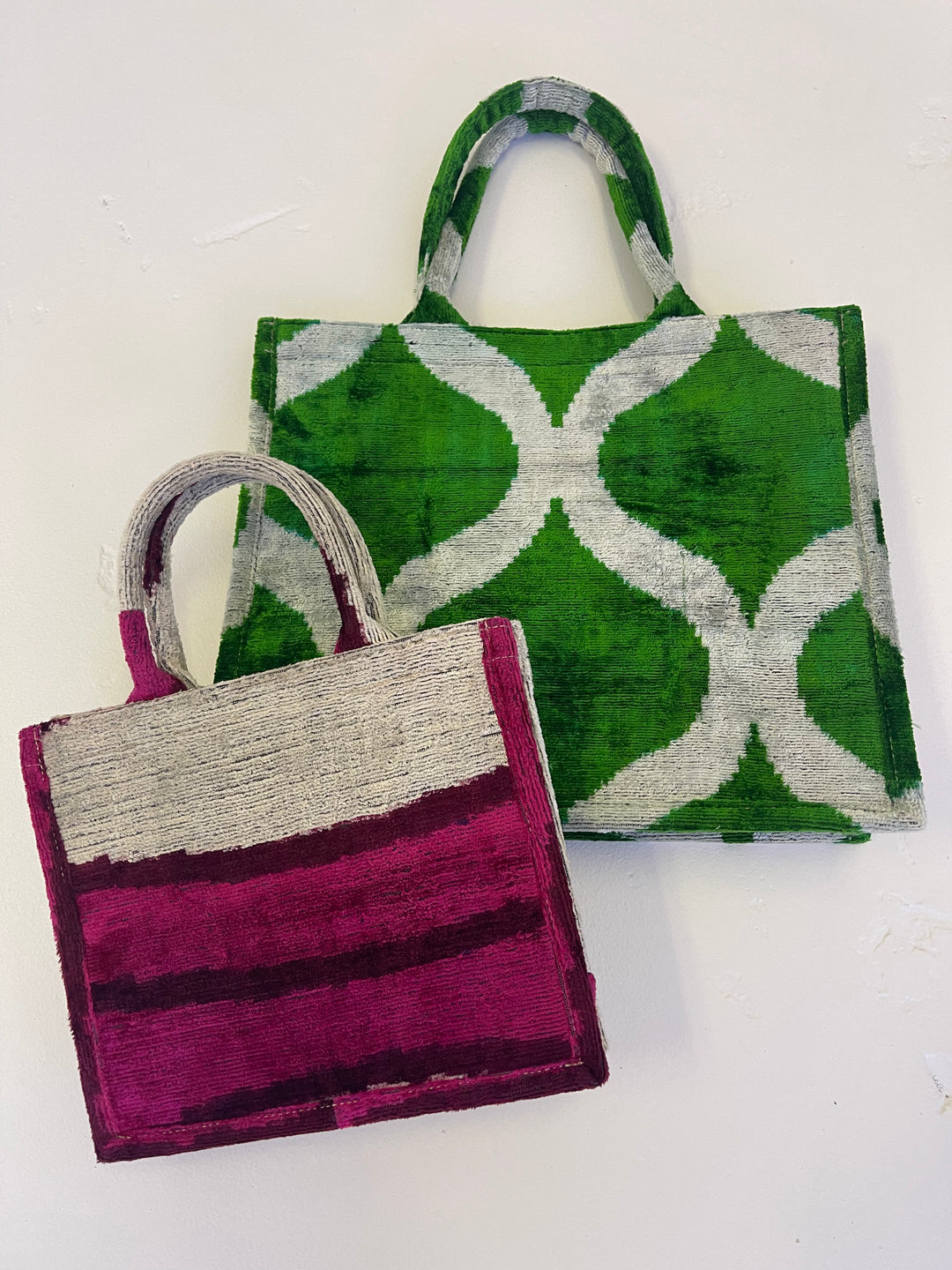 Medium 100% silk velvet Ikat tote bag-graphic fuschia and white