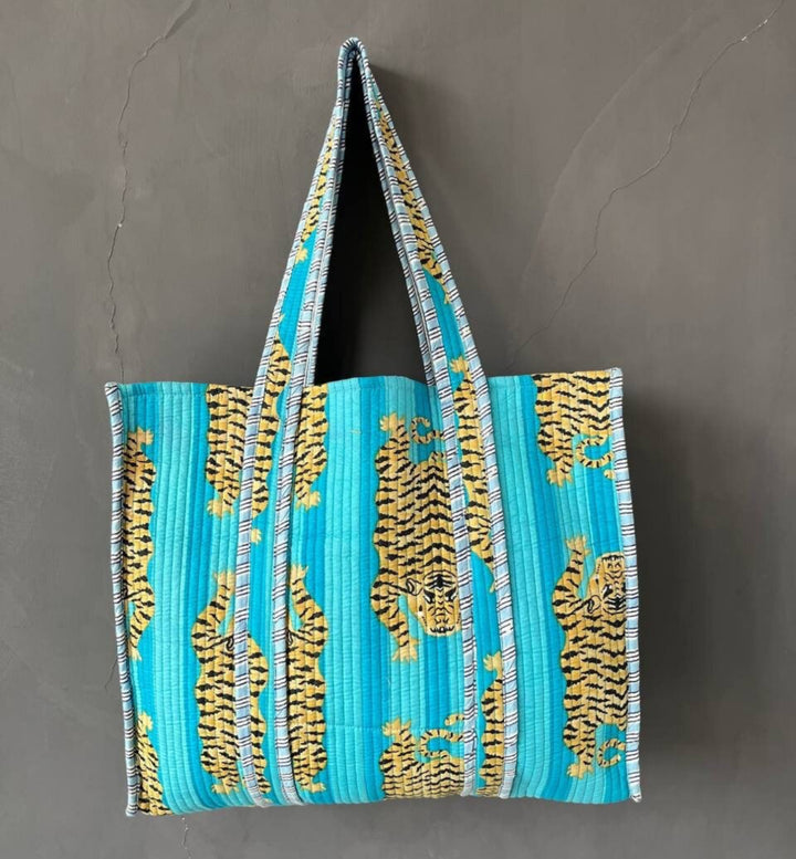 Hand Blocked Tiger Tote-Turquoise