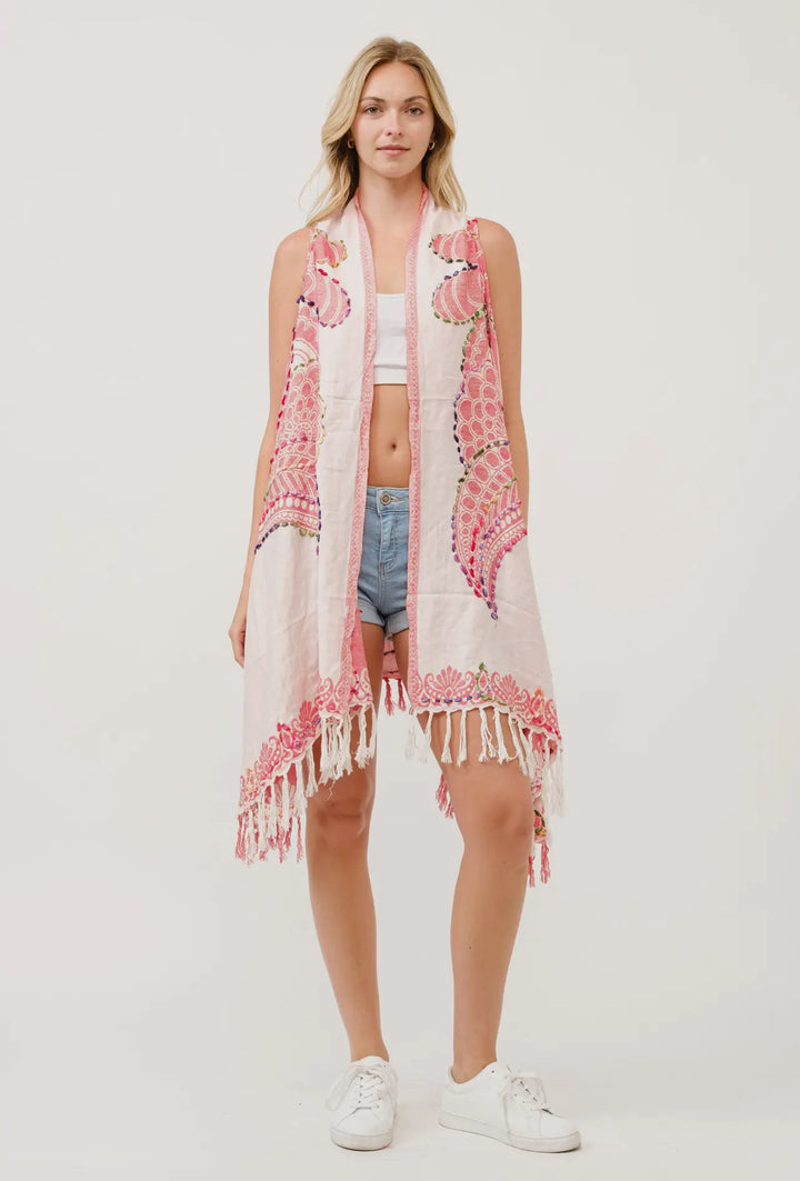 Boho styled embroidered stick stitch tunic-pink white