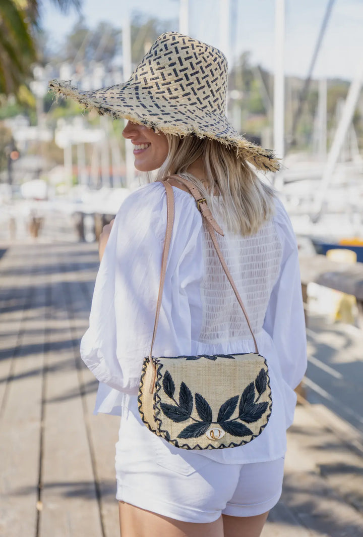 Embroidered Vines Straw Crossbody Bag