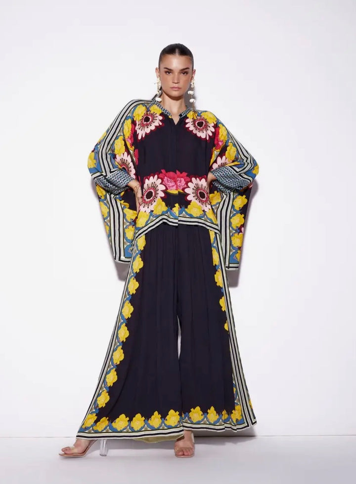 Cape Blouse with Pants Set-Black Floral