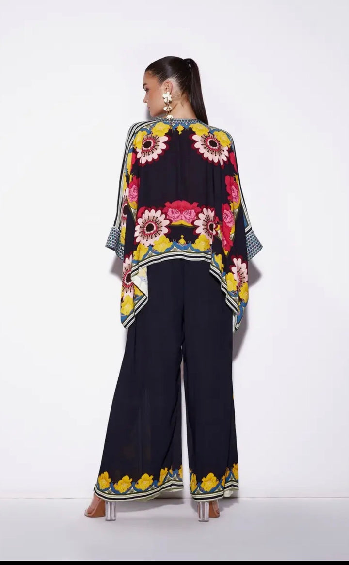 Cape Blouse with Pants Set-Black Floral