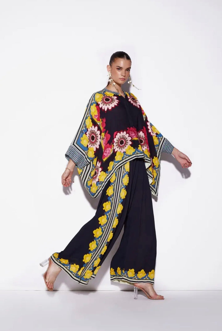 Cape Blouse with Pants Set-Black Floral