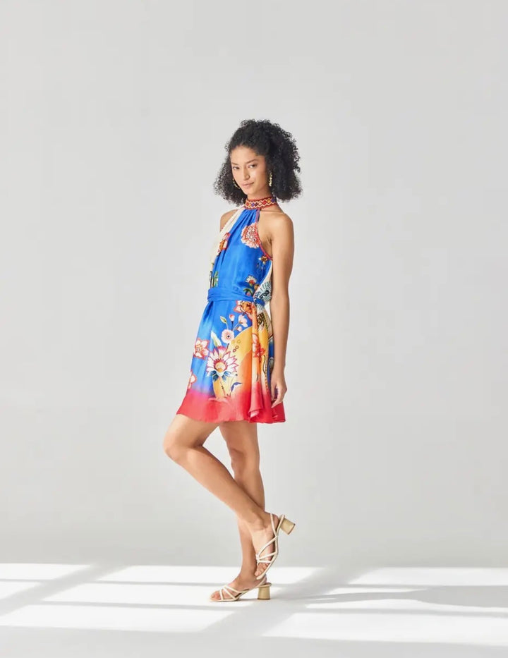 Halter Mini Dress-Cobalt/red