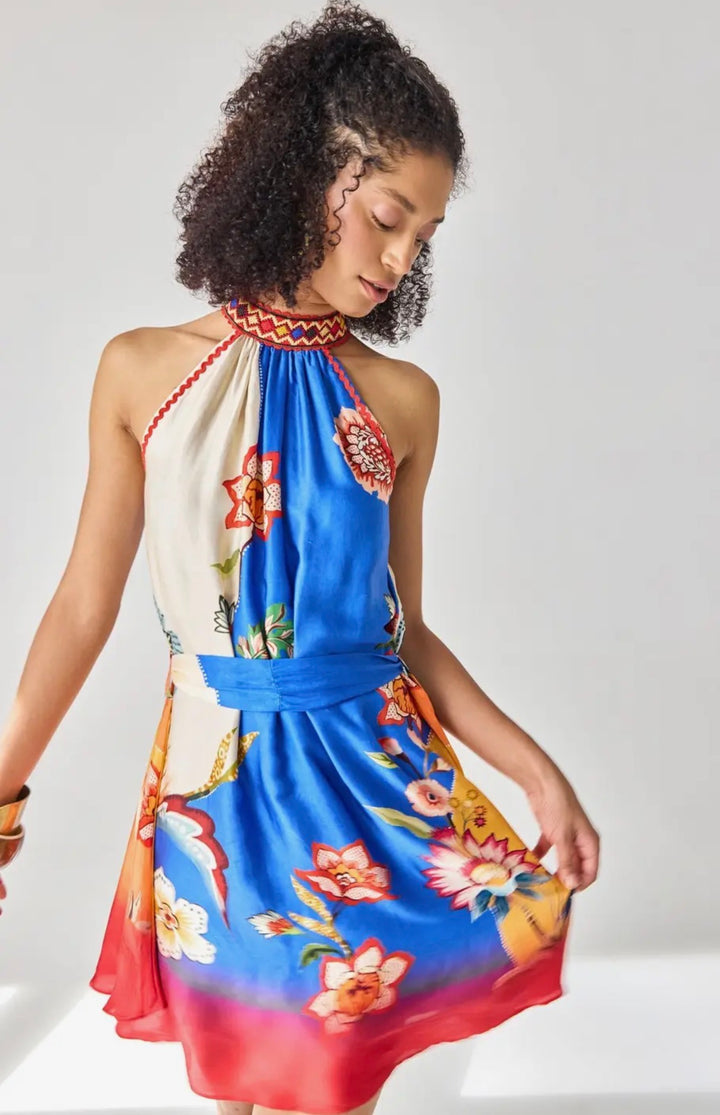 Halter Mini Dress-Cobalt/red