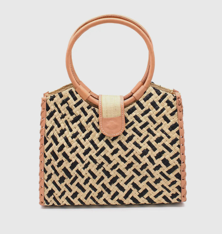 Straw Handbag with Leather Handles-Black and Natural