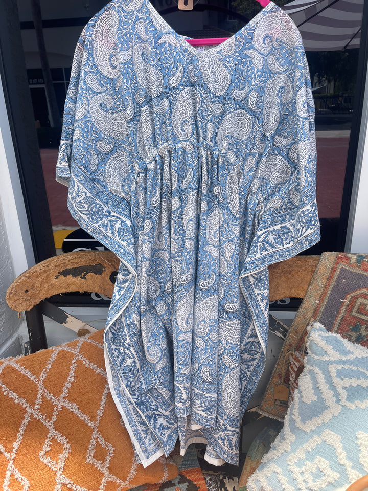 Block Printed 100% Cotton Kaftan Top-Sky Blue