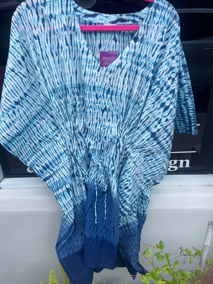 Shibori 100% Cotton Kaftan Top-Indigo and white