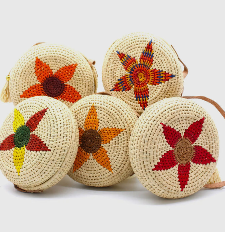 Carmel Crochet Round Flower Straw Crossbody Bag with Tassel