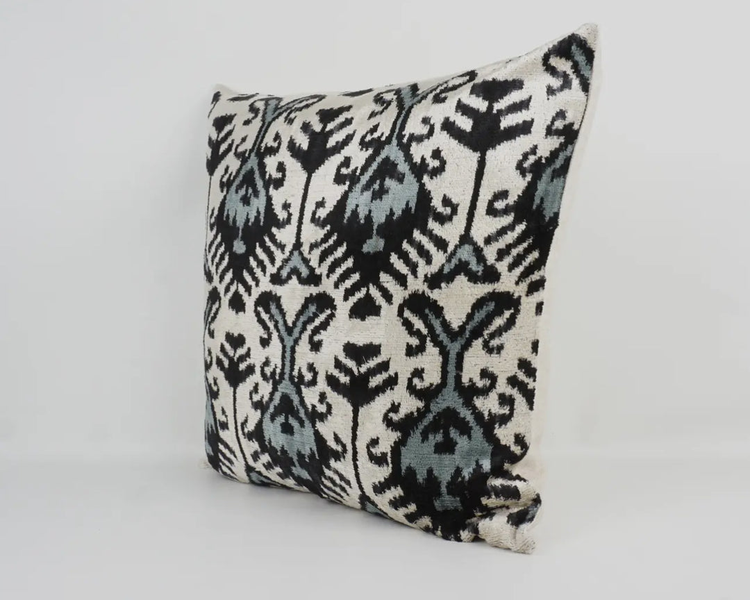 Ethnic styled black, grey and cream Silk velvet Ikat throw pillow: 20"x20"