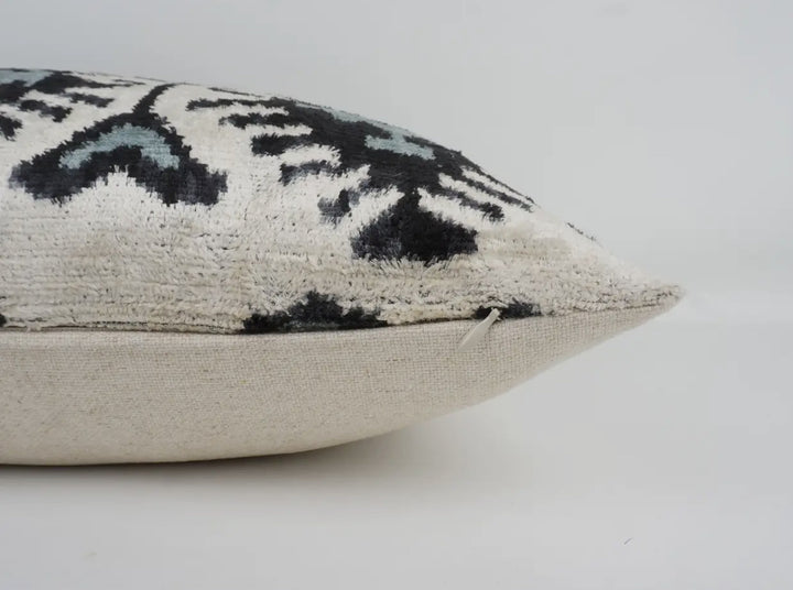 Ethnic styled black, grey and cream Silk velvet Ikat throw pillow: 20"x20"
