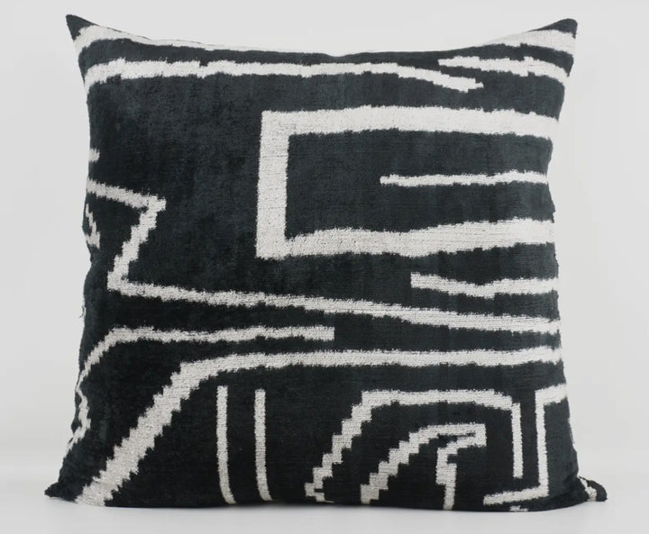 Graphic, modern black and white silk velvet throw pillow: 24"x24"