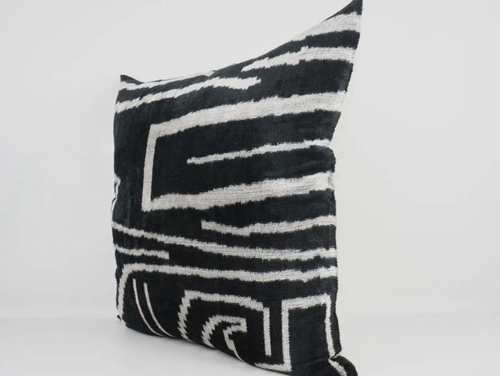 Graphic, modern black and white silk velvet throw pillow: 24"x24"