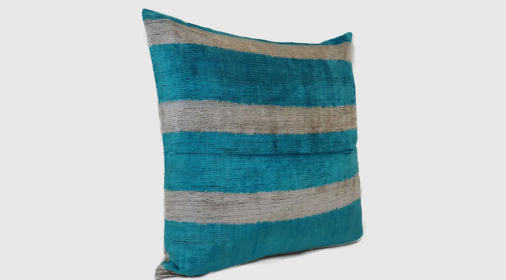 Graphic turquoise and cream silk velvet throw pillow