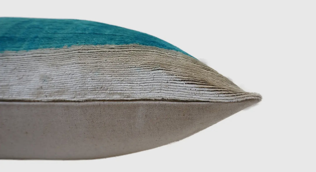 Graphic turquoise and cream silk velvet throw pillow