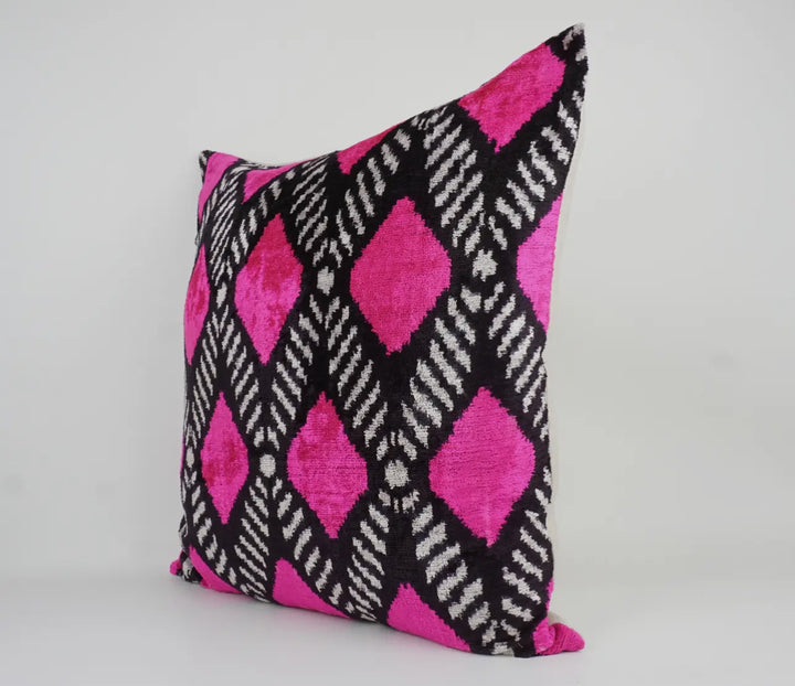 Hot pink and black graphic 100% silk velvet throw pillow
