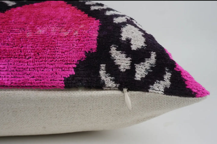 Hot pink and black graphic 100% silk velvet throw pillow