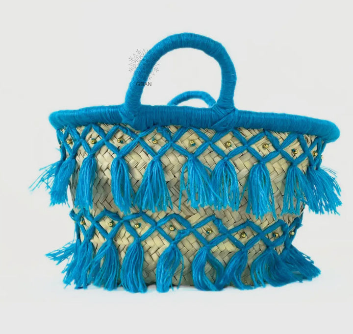 Tasseled Moroccan Straw Tote Bag-Turquoise