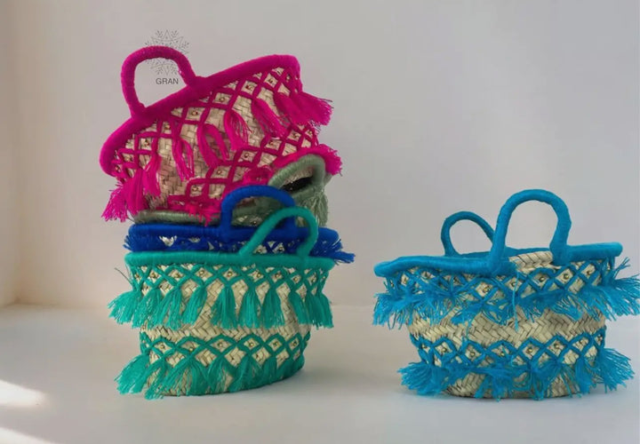 Tasseled Moroccan Straw Tote Bag-Turquoise