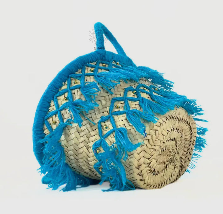 Tasseled Moroccan Straw Tote Bag-Turquoise