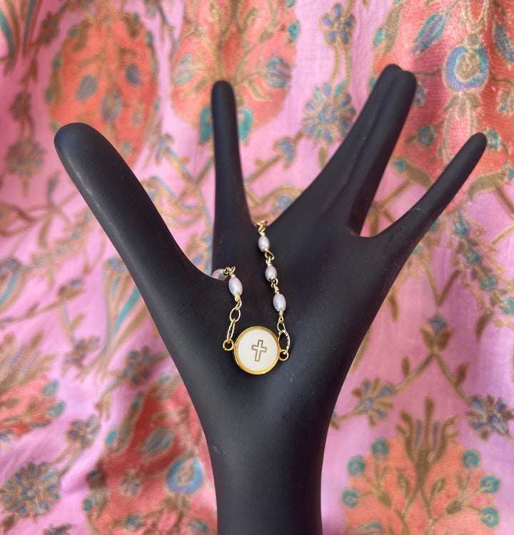 Pearl and 18K gold chain Bracelet-White Cross