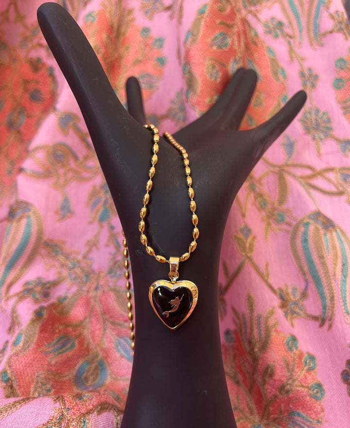 Gold Heart Pendant Necklace Mermaid Motif- Black Enamel