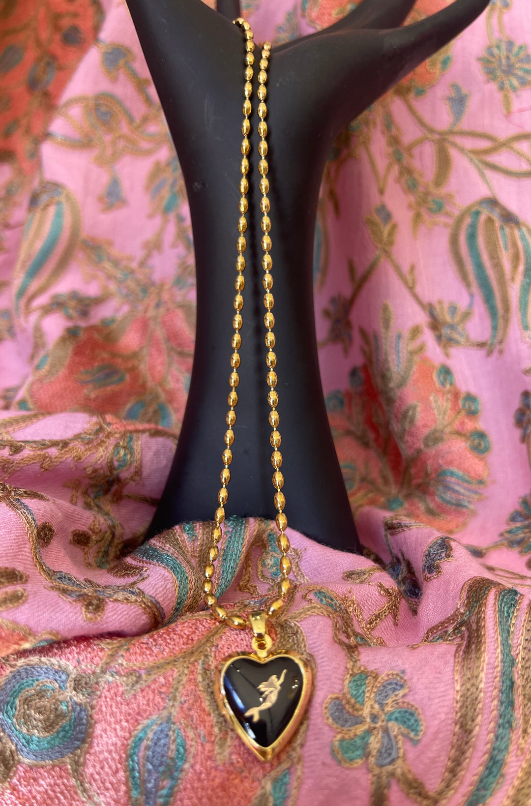 Gold Heart Pendant Necklace Mermaid Motif- Black Enamel