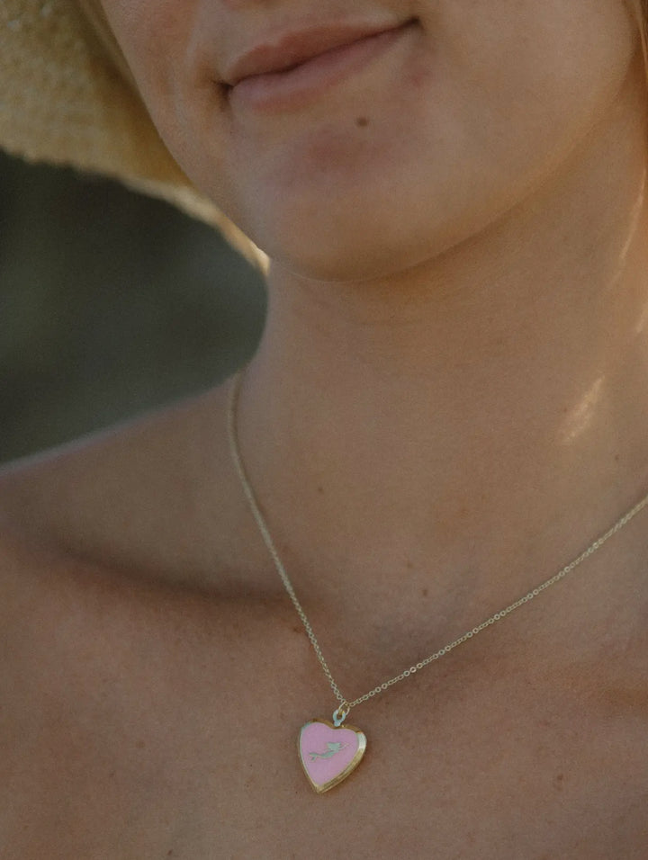 Gold Heart Pendant Necklace with Mermaid Motif-Pink Enamel
