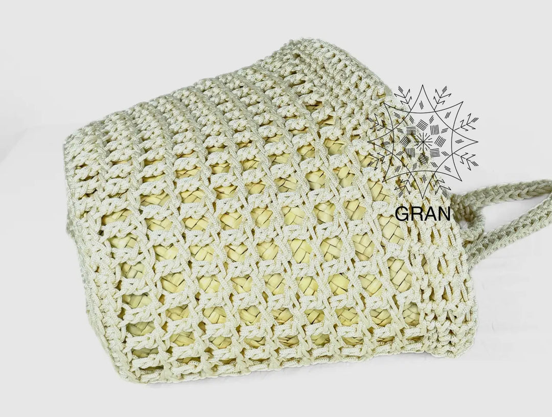 Crocheted and Straw Market Tote Bag-White