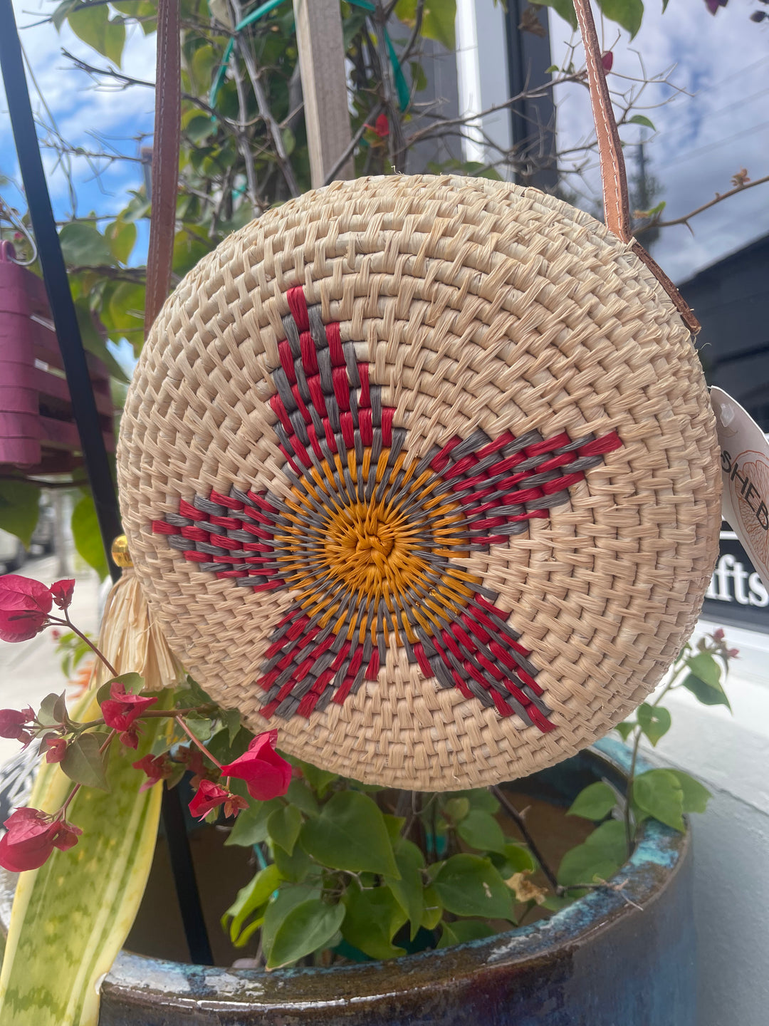 Carmel Crochet Round Flower Straw Crossbody Bag with Tassel