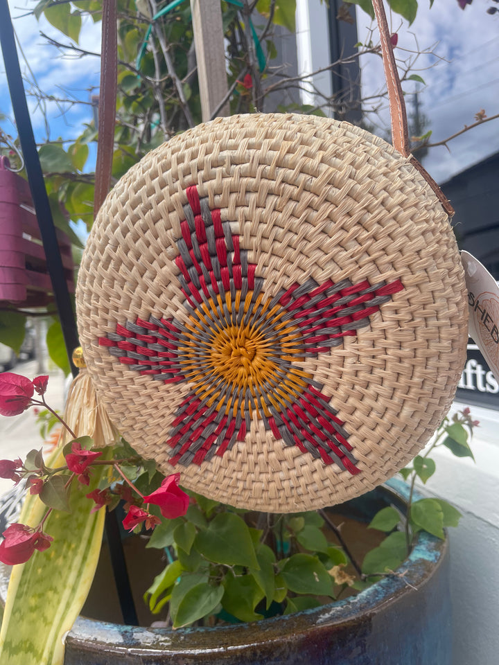 Carmel Crochet Round Flower Straw Crossbody Bag with Tassel