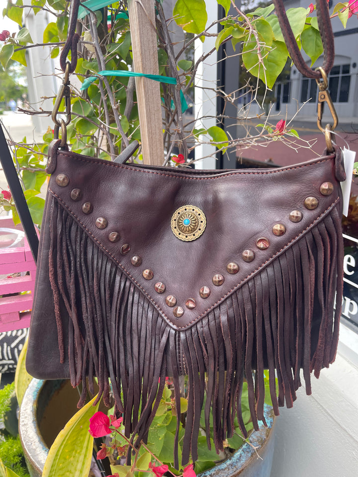 Fringed Leather Cross Body Bag-Dark Brown