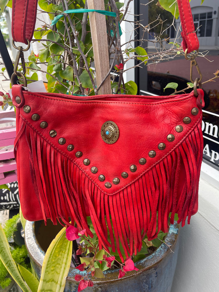Fringed Leather Crossbody Bag-Red
