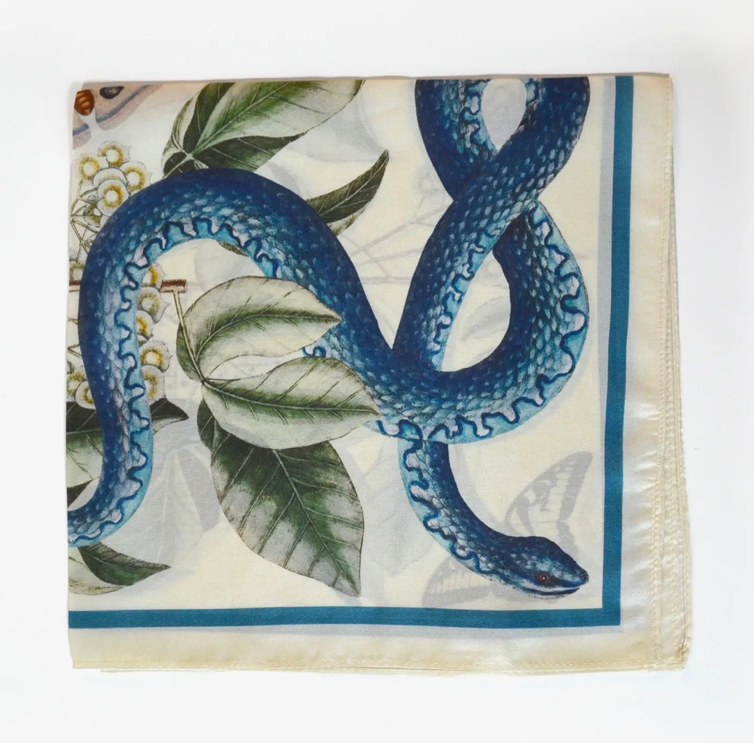 Silk Scarf 100% Blue Snake and Butterfly