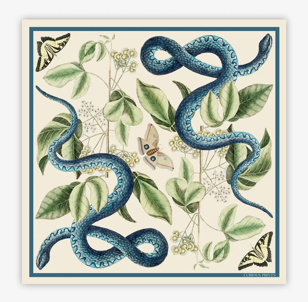 Silk Scarf 100% Blue Snake and Butterfly