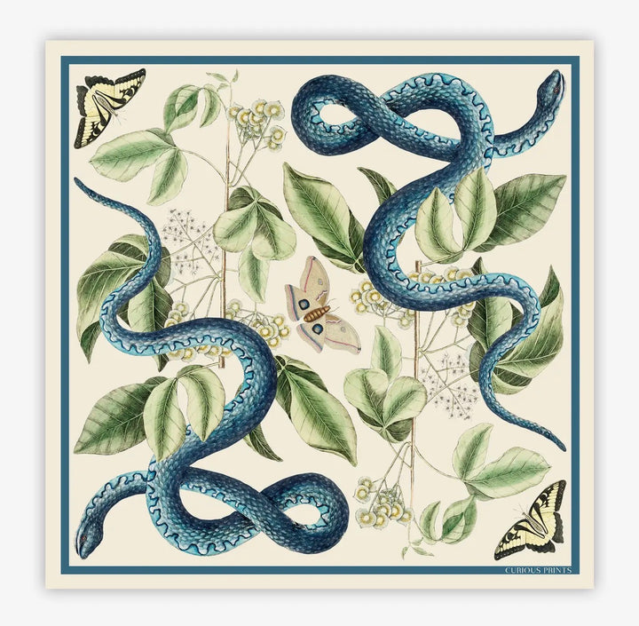 Silk Scarf 100% Blue Snake and Butterfly