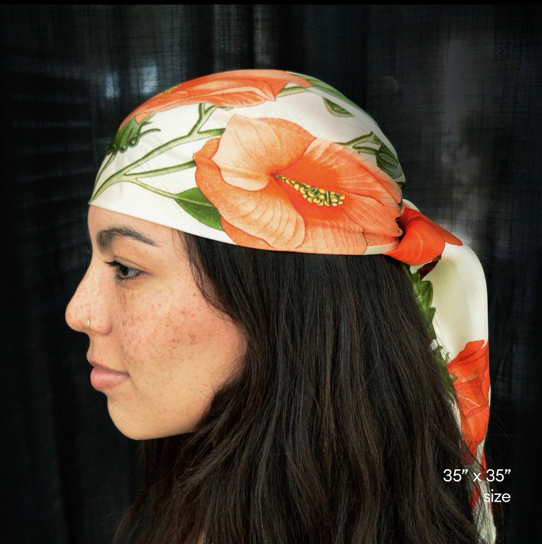 Silk Scarf Botanical Hibiscus Flower 100% Silk