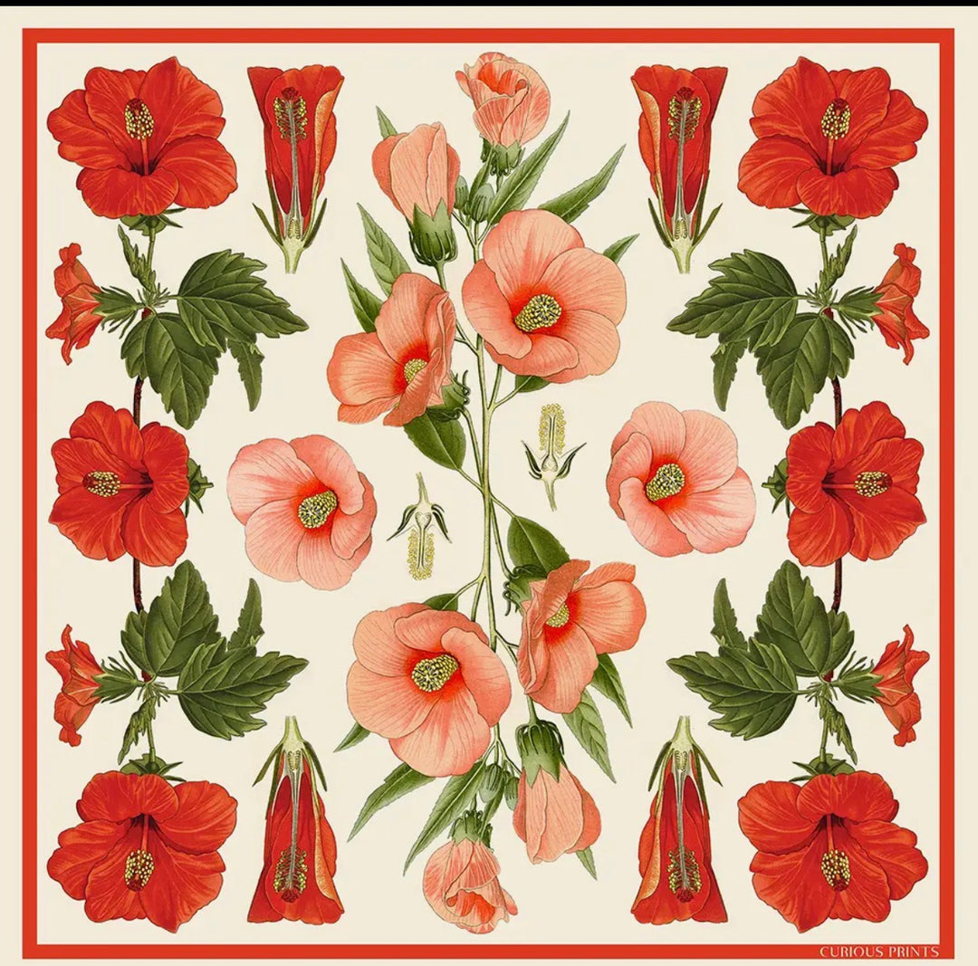 Silk Scarf Botanical Hibiscus Flower 100% Silk