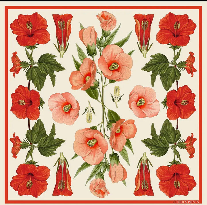 Silk Scarf Botanical Hibiscus Flower 100% Silk