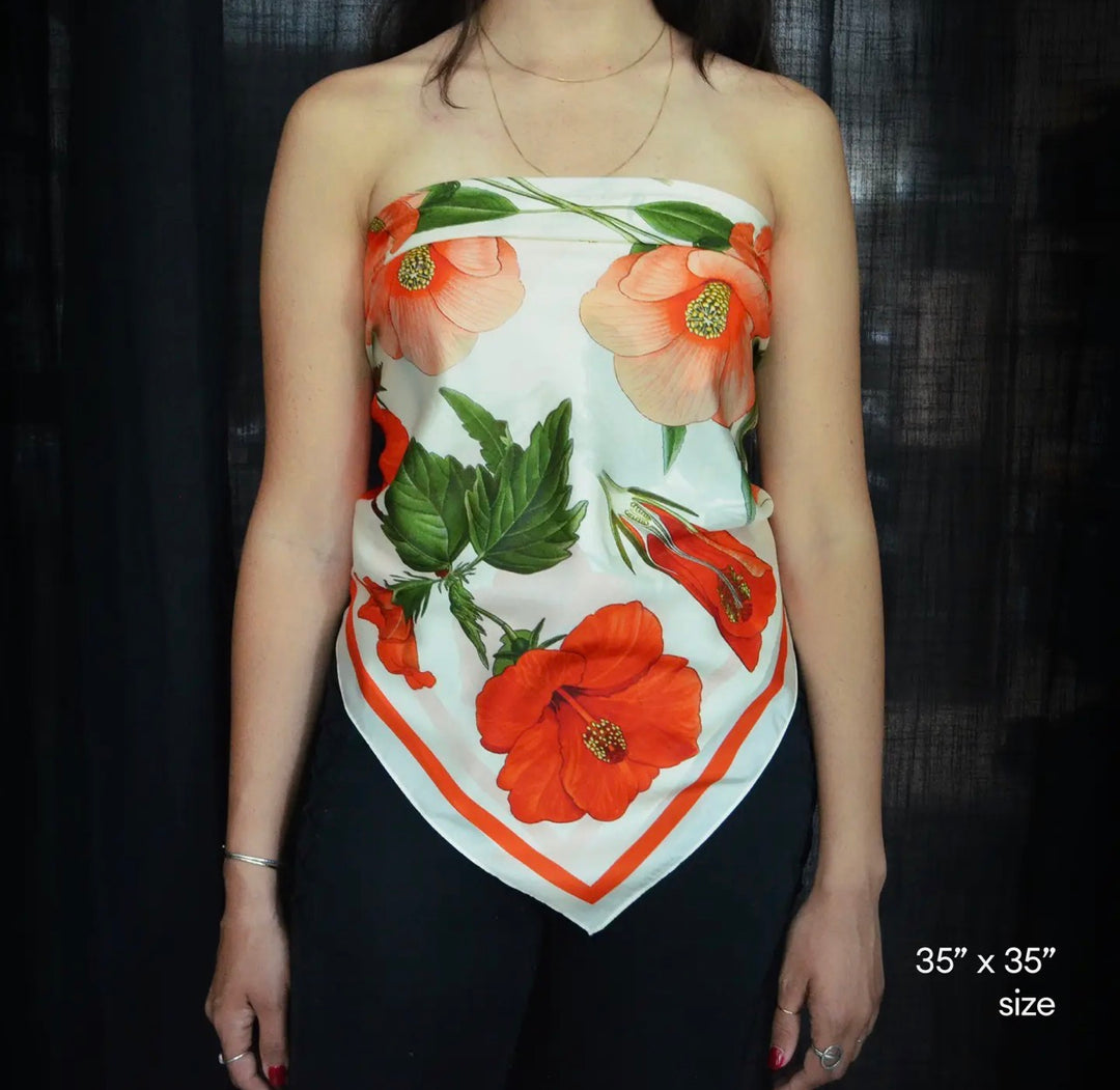 Silk Scarf Botanical Hibiscus Flower 100% Silk